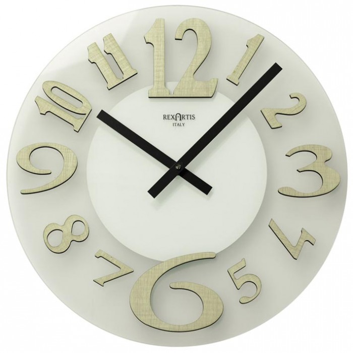 orologio da parete in vetro satinato e numeri in legno