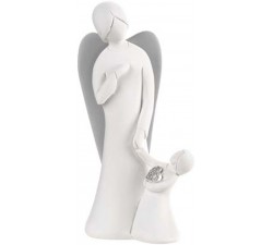 scultura angelo con bimbo per mano, regalo nascita