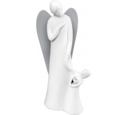 Scultura angelo con bimbo ali grigie bomboniera nascita