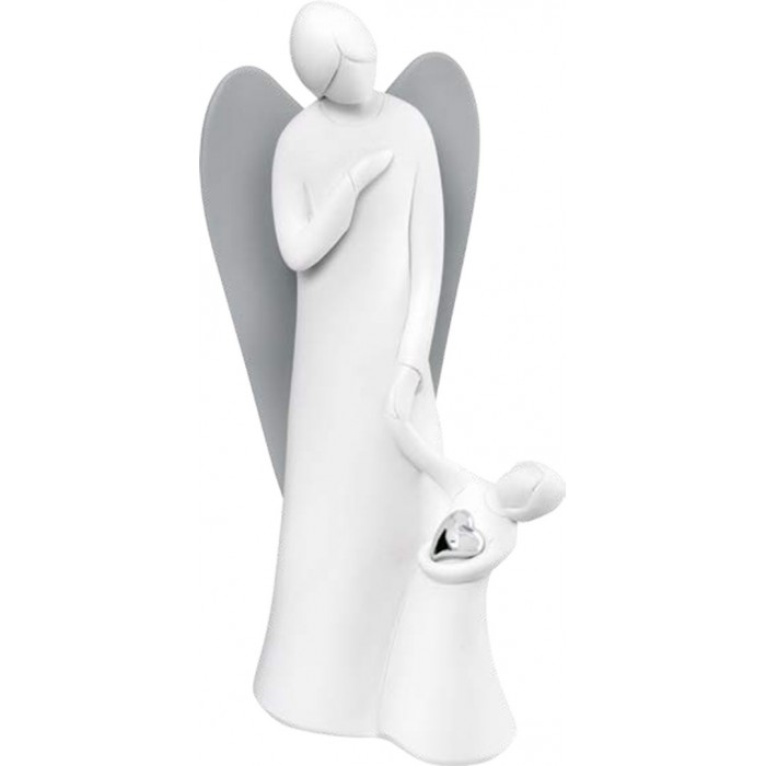 Scultura angelo con bimbo ali grigie bomboniera nascita