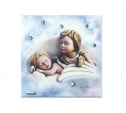 Quadro angelo custode con bimbo che dorme finitura argento