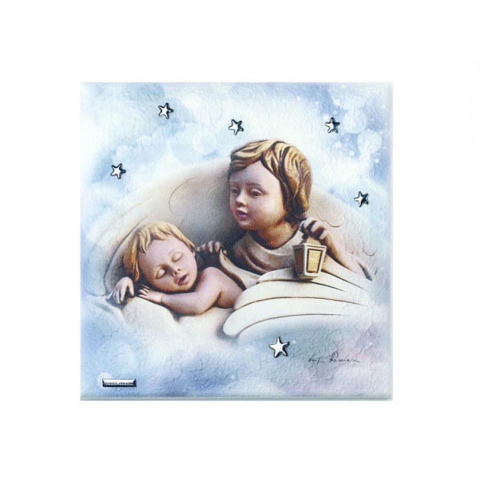 Quadro angelo custode con bimbo che dorme finitura argento