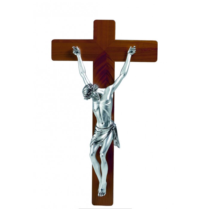 crocifisso in legno da parete con scultura corpo cristo in resina