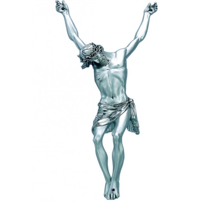 scultura corpo di cristo in resina argentata