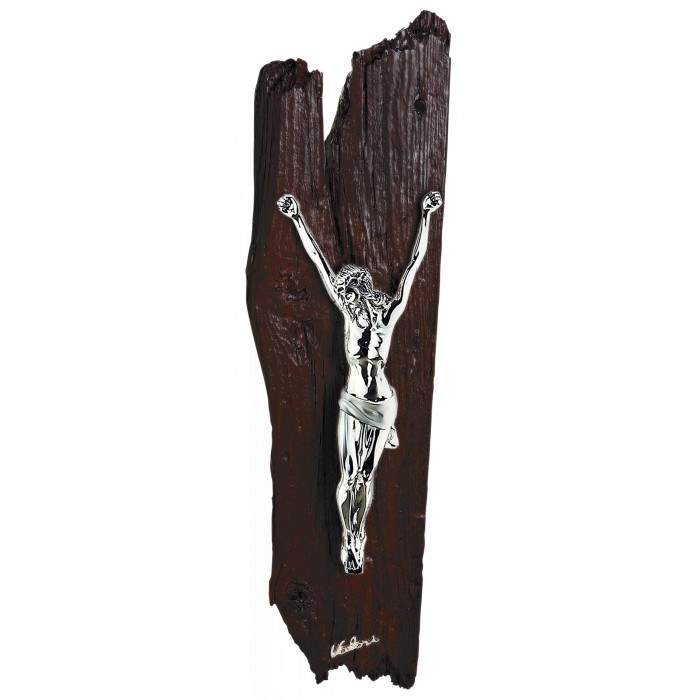 crocifisso da parete moderno in resina argentata e legno wengè