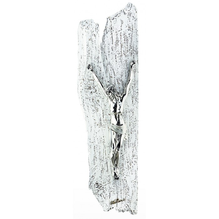 crocifisso da parete moderno in resina argentata e legno decorato
