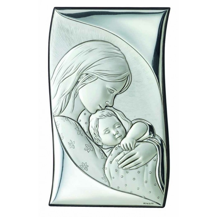 icona madonna con bambino in argento bilaminato e legno, maternità
