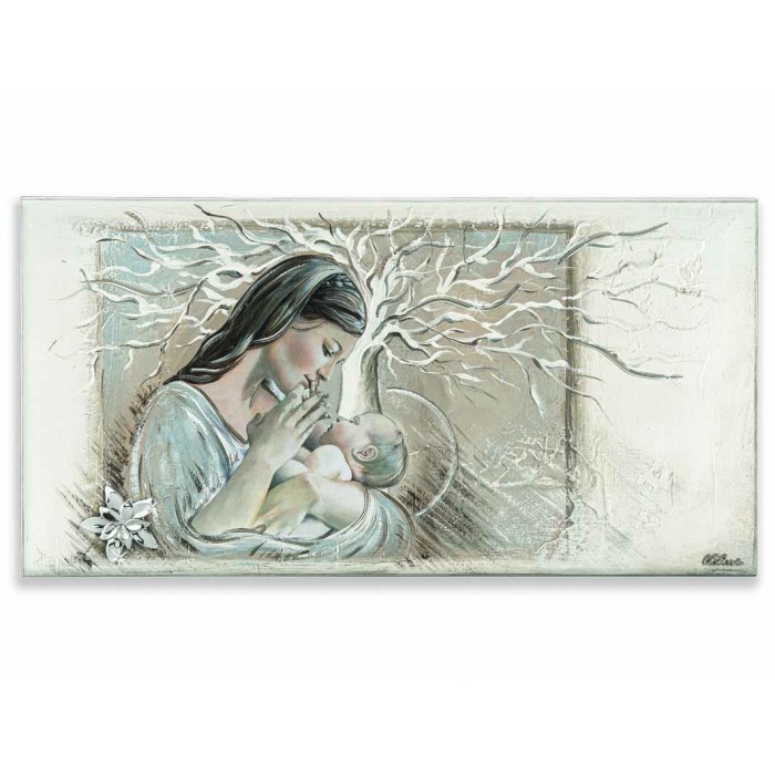 pannello materico madonna con bambino con albero della vita