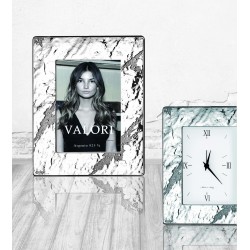 cornice portafoto in argento con orologio sveglia, collezione mineral