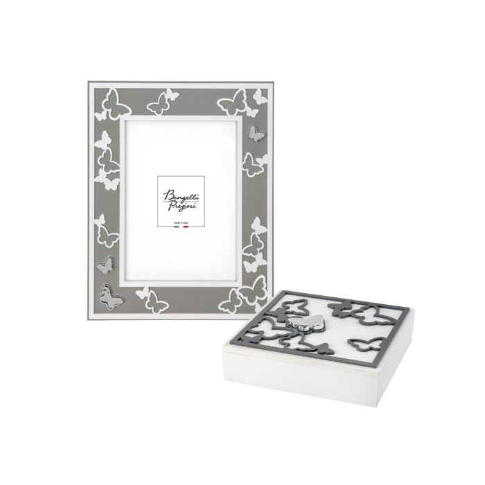 portafoto bianco e grigio perla con cofanetto abbinato, decorazione farfalle