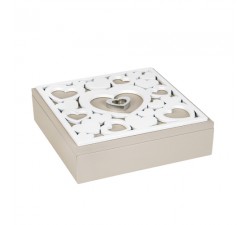 cofanetto decorato con cuori  tortora e bianco in legno